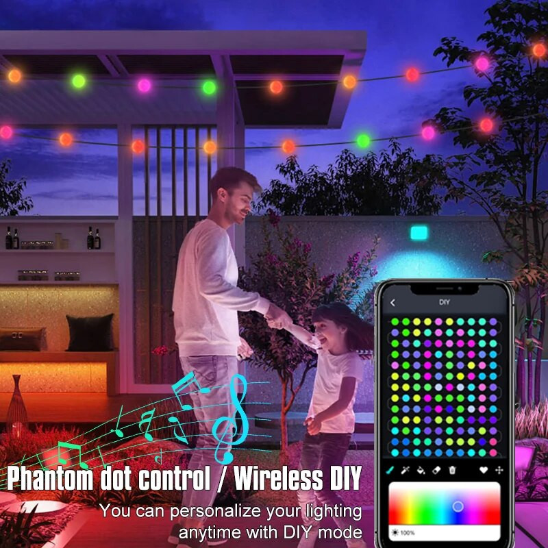 RGB IC Χριστουγεννιάτικο δέντρο Fairy String Light LED Μπάλα γιρλάντα Bluetooth Πολύχρωμο αδιάβροχο φωτιστικό εξωτερικού χώρου Χριστουγεννιάτικο ντεκόρ γάμου