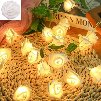 Lumini cu flori de trandafir cu LED Ghirlanda de baterii Buchet artificial de spumă Lumini de zână pentru decorarea de nuntă a ferestrei de Ziua Îndrăgostiților