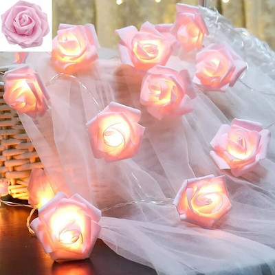 Lumini cu flori de trandafir cu LED Ghirlanda de baterii Buchet artificial de spumă Lumini de zână pentru decorarea de nuntă a ferestrei de Ziua Îndrăgostiților