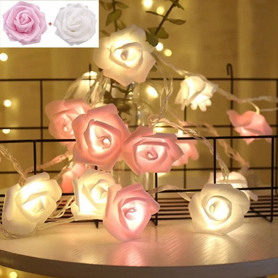 Lumini cu flori de trandafir cu LED Ghirlanda de baterii Buchet artificial de spumă Lumini de zână pentru decorarea de nuntă a ferestrei de Ziua Îndrăgostiților
