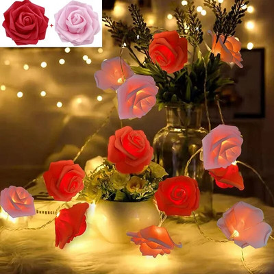 Lumini cu flori de trandafir cu LED Ghirlanda de baterii Buchet artificial de spumă Lumini de zână pentru decorarea de nuntă a ferestrei de Ziua Îndrăgostiților