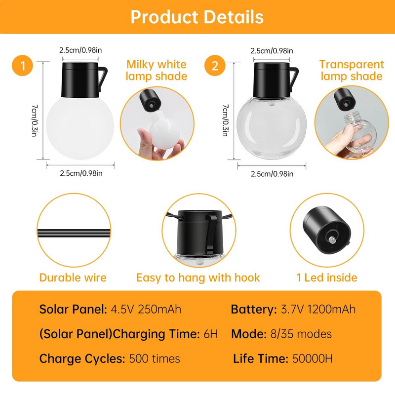 Saulės šviesos styginiai lauko vandeniui atsparūs G40 Globe lauko kiemo šviestuvai su 20 nedūžtančių lempučių Saulės pakabinami šviestuvai kiemo vakarėliui