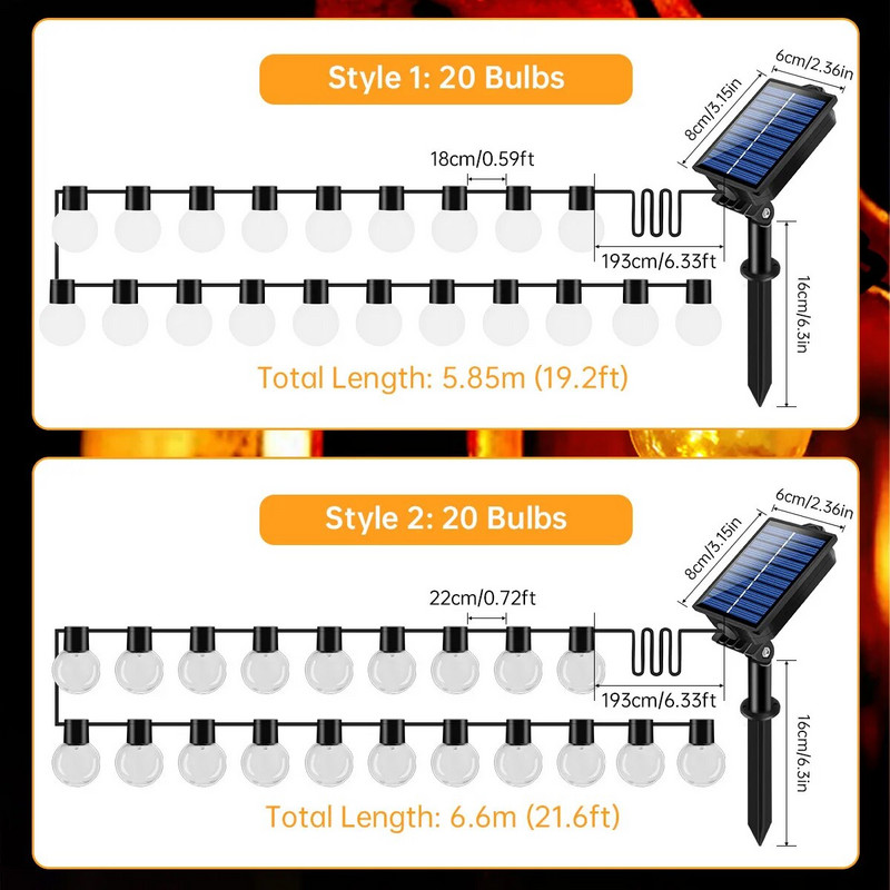 Saulės šviesos styginiai lauko vandeniui atsparūs G40 Globe lauko kiemo šviestuvai su 20 nedūžtančių lempučių Saulės pakabinami šviestuvai kiemo vakarėliui