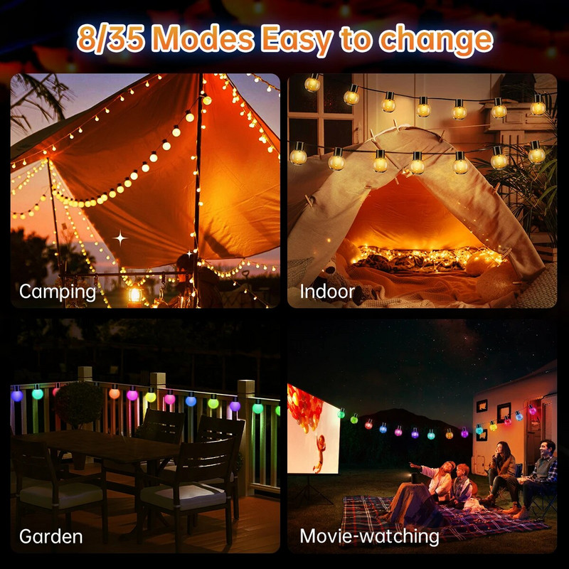 Saulės šviesos styginiai lauko vandeniui atsparūs G40 Globe lauko kiemo šviestuvai su 20 nedūžtančių lempučių Saulės pakabinami šviestuvai kiemo vakarėliui