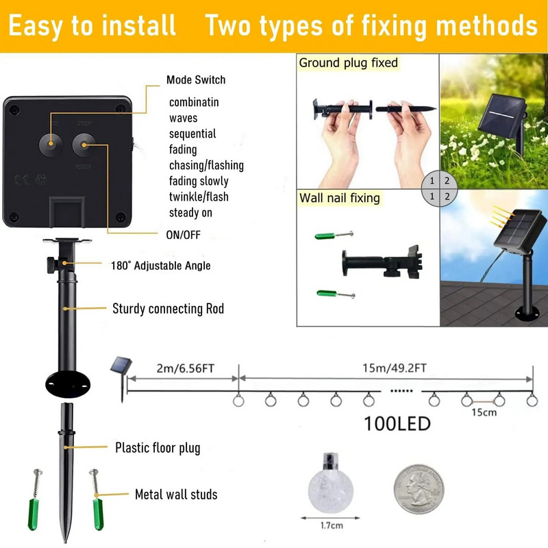 Päikesepaneelidega välisvalgustid 200 LED-kristallgloobuse valgust, 8 režiimi, veekindlad terrassivalgustid aiahoovi jõulupeo sisekujunduseks