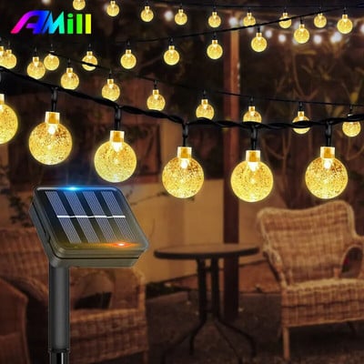 8 mód Solar Light Crystal Ball Outdoor Garden Camping Solar String LED Lights Vízálló Garland Light Ramadan Dekorációk