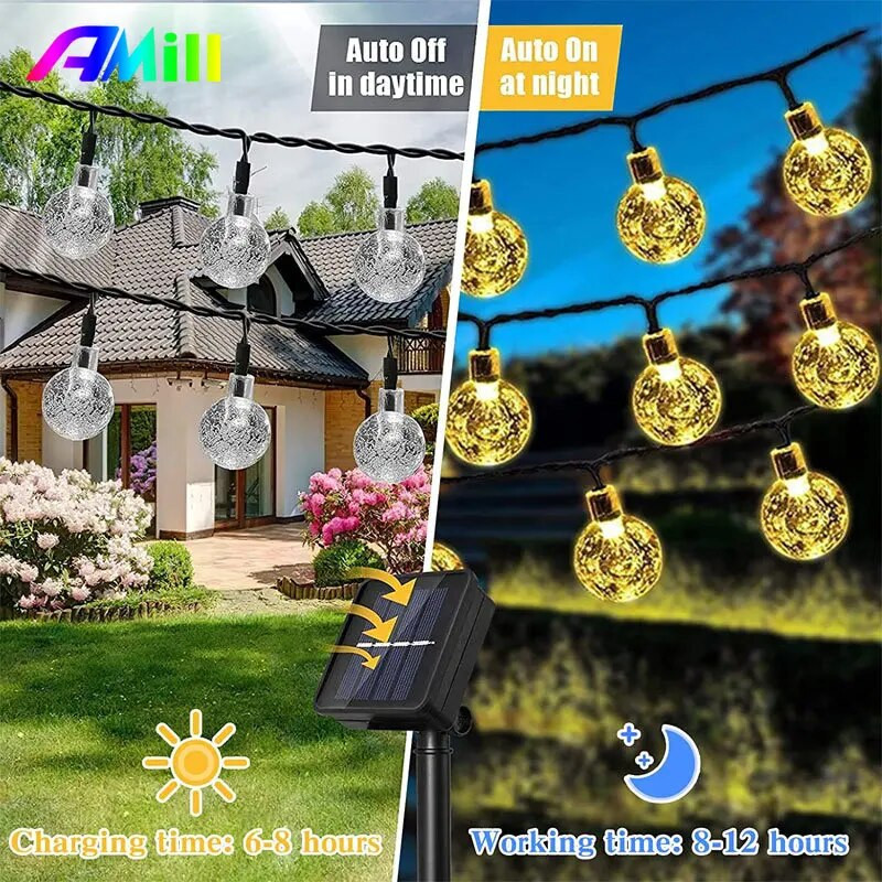 8 Λειτουργίες Ηλιακό Φως Κρυστάλλινη Μπάλα Εξωτερικού Κήπου Κάμπινγκ Ηλιακά Φώτα LED Αδιάβροχο Φωτιστικό Γιρλάντα Διακοσμήσεις Ραμαζάνι