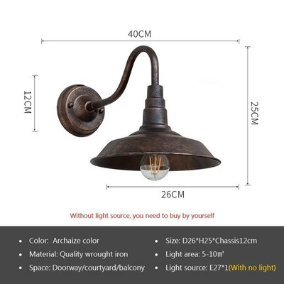 Lampă de perete de epocă, rezistentă la apă, în aer liber, pentru balcon, ușă, curte, coridor, grădină, industrial, aplice E27, corp de iluminat