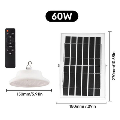 Lampă solară de tavan cu LED-uri de 40 W 60 W cu cablu, rezistentă la apă, cu energie solară, telecomandă, suspendată reglabilă pentru coridorul de balcon