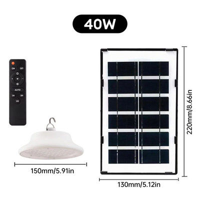 Lampă solară de tavan cu LED-uri de 40 W 60 W cu cablu, rezistentă la apă, cu energie solară, telecomandă, suspendată reglabilă pentru coridorul de balcon