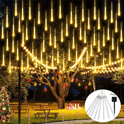 Слънчеви метеоритни дъждовни светлини 8 тръби 96/144 LED LED Falling Rain Fairy String Light за коледно дърво Декорация на сватбено тържество