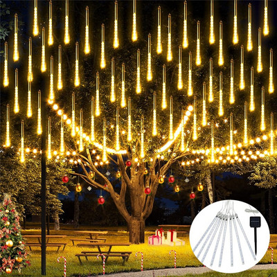 Solar Meteor Shower Rain Lights 8 Tube 96/144 LEDs Led Falling Rain Fairy String Light για Διακόσμηση Χριστουγεννιάτικου Δέντρου Γάμου
