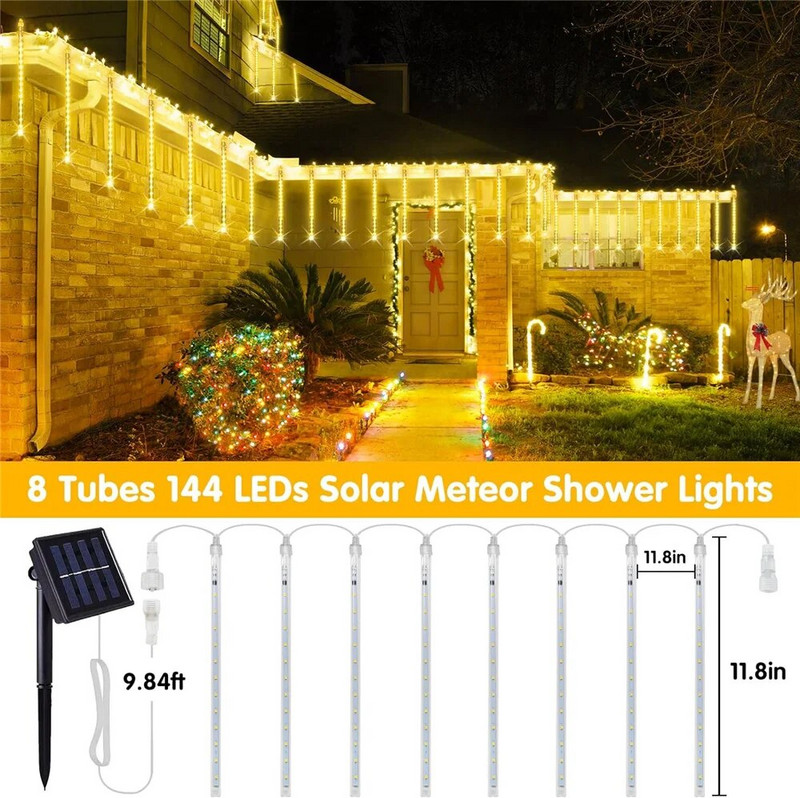 Solar Meteor Shower Rain Lights 8 Tube 96/144 LEDs Led Falling Rain Fairy String Light για Διακόσμηση Χριστουγεννιάτικου Δέντρου Γάμου