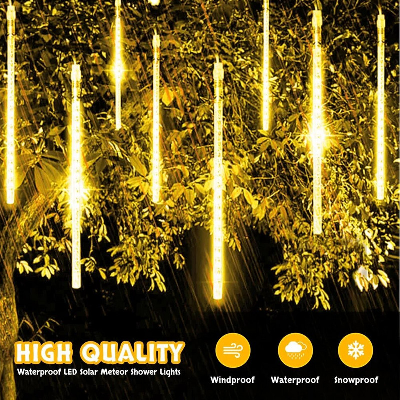 Solar Meteor Shower Rain Lights 8 Tube 96/144 LEDs Led Falling Rain Fairy String Light για Διακόσμηση Χριστουγεννιάτικου Δέντρου Γάμου