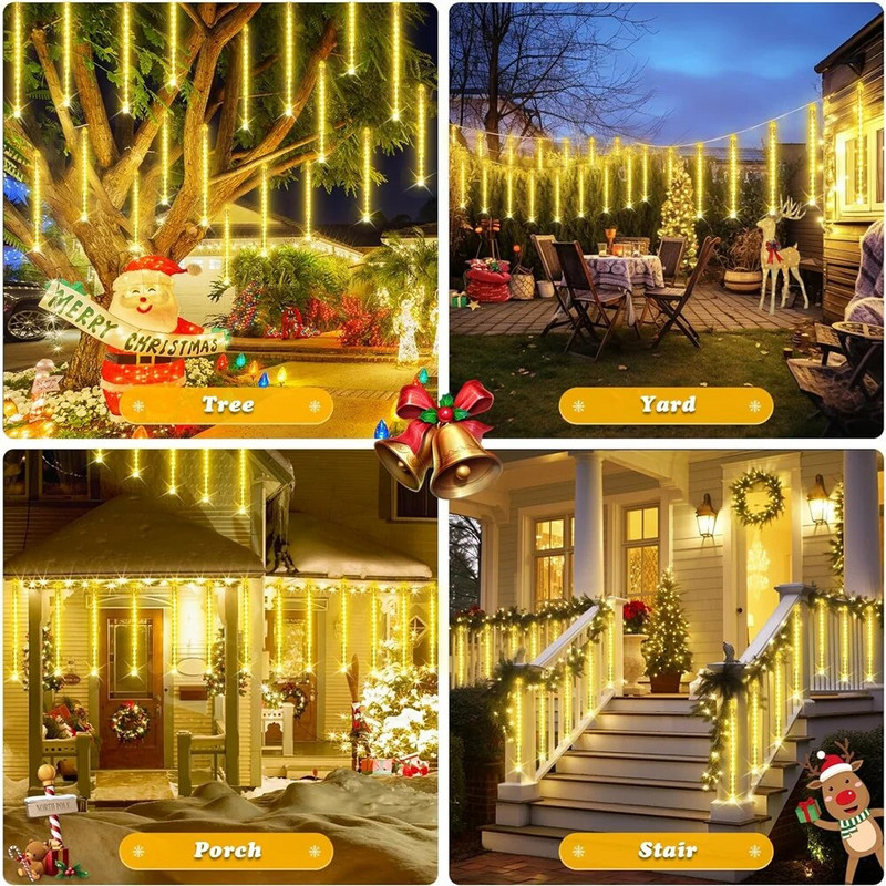 Solar Meteor Shower Rain Lights 8 Tube 96/144 LEDs Led Falling Rain Fairy String Light για Διακόσμηση Χριστουγεννιάτικου Δέντρου Γάμου