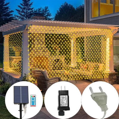 Слънчева или ЕС Plug Net Light Mesh Fairy Lights Водоустойчива гирлянда с 8 режима на таймер Коледни декорации за дома 3M*2M Празнични