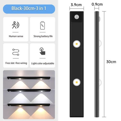 Lumini de sub dulap 3 în 1 Lampă fără fir cu senzor de mișcare Lumini de noapte pentru bucătărie Dormitor Dulap Dulap Birou 20/30/40CM