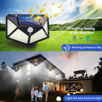 100 LED соларни стенни лампи Външна соларна лампа Сензор за движение Лампа Водоустойчива слънчева слънчева светлина Улична светлина за градинска декорация