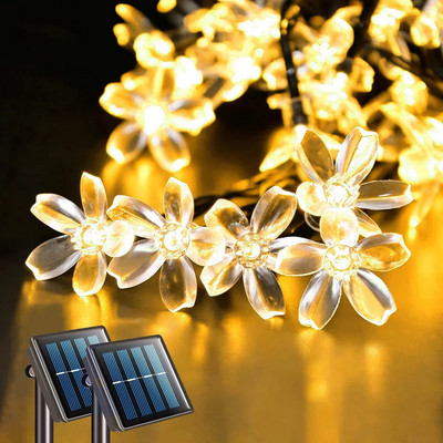 LED слънчеви светлини Външни флорални 5M/7M/12M Струнни цветя Фея Лампа Гирлянди за коледно парти Декорация на открито Водоустойчив