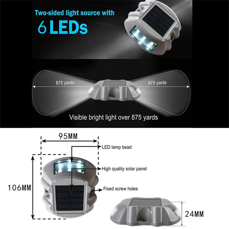 Φωτισμός εξωτερικού χώρου IP68 Αδιάβροχο ηλιακό 6LED Φωτιστικό δρόμου Αλουμίνιο Ανακλαστικό Φως Αυτοκινητόδρομου Προειδοποιητικό φως εδάφους