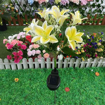 Lumini solare cu 7 capete de crin, în aer liber, impermeabilă, curte, grădină, decorațiuni de Crăciun, cu LED, lumini artificiale cu flori de trandafir