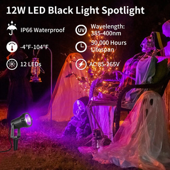 Водоустойчиви IP66 външни ултравиолетови черни пейзажни светлини 12 W, за парти с черна светлина, Хелоуин, флуоресцентен плакат, боя за тяло