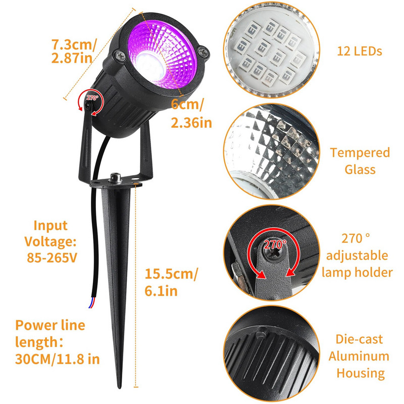 Ūdensizturīgs IP66 āra UV melnas gaismas ainavas apgaismojums 12 W ，Blacklight ballītei, Helovīnam, dienasgaismas plakātam, ķermeņa krāsai