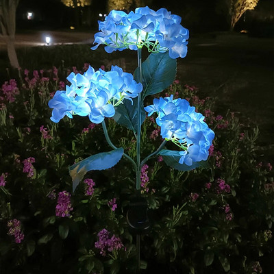 Lampă solară LED cu 3 capete, hortensie, trandafir, peisaj, pentru curte, iarbă, în aer liber, impermeabilă, cu flori artificiale, pentru grădină.