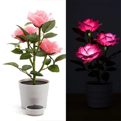 Lampă de gazon cu trandafiri cu energie solară, grădină, balcon, acasă, dormitor, lampă de masă decorativă cu trandafiri, plante artificiale, ghiveci de flori