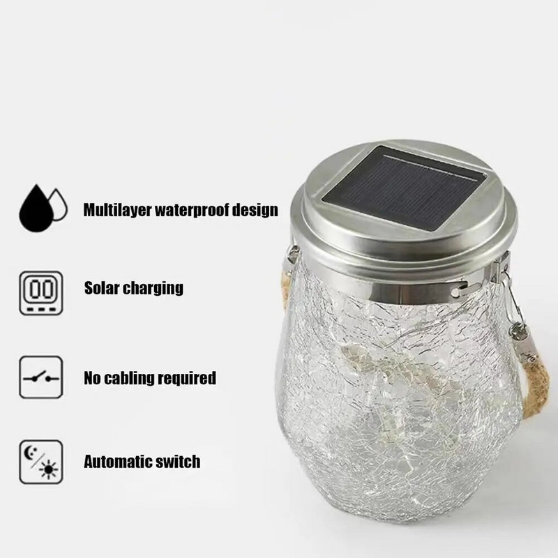Κρεμαστά ηλιακά φωτιστικά εξωτερικού χώρου Διακοσμητικά ραγισμένα γυαλιά Solar Mason Jar φωτάκια αδιάβροχα εξωτερικού χώρου για κήπο Αίθριο Αυλή Deocr