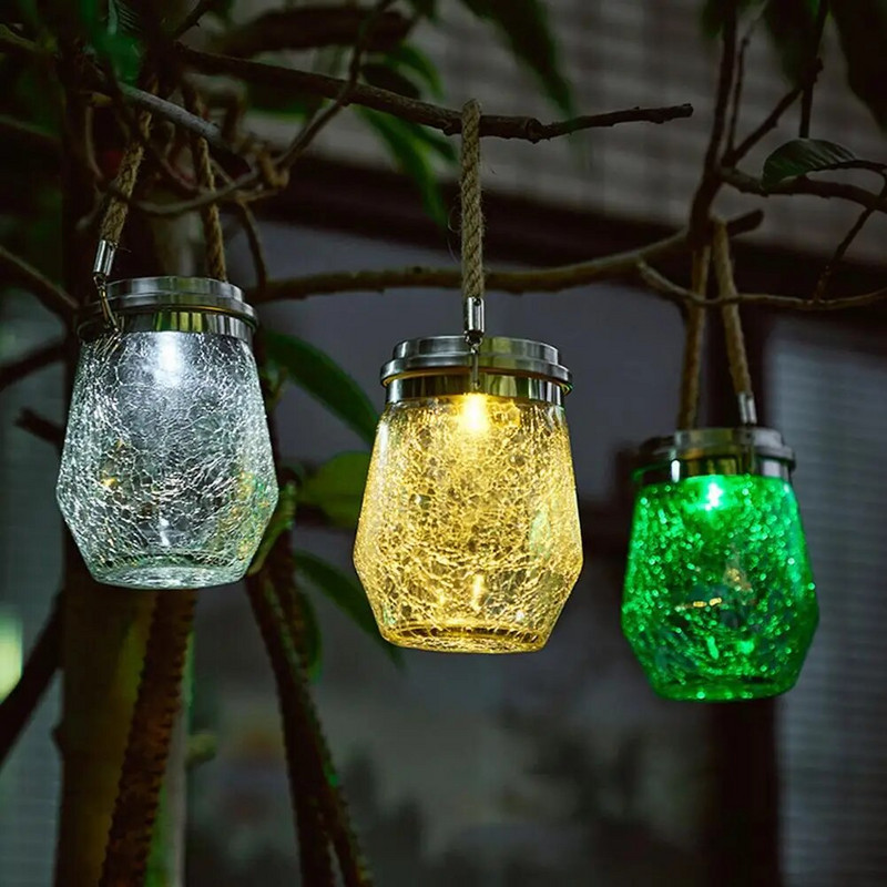 Κρεμαστά ηλιακά φωτιστικά εξωτερικού χώρου Διακοσμητικά ραγισμένα γυαλιά Solar Mason Jar φωτάκια αδιάβροχα εξωτερικού χώρου για κήπο Αίθριο Αυλή Deocr