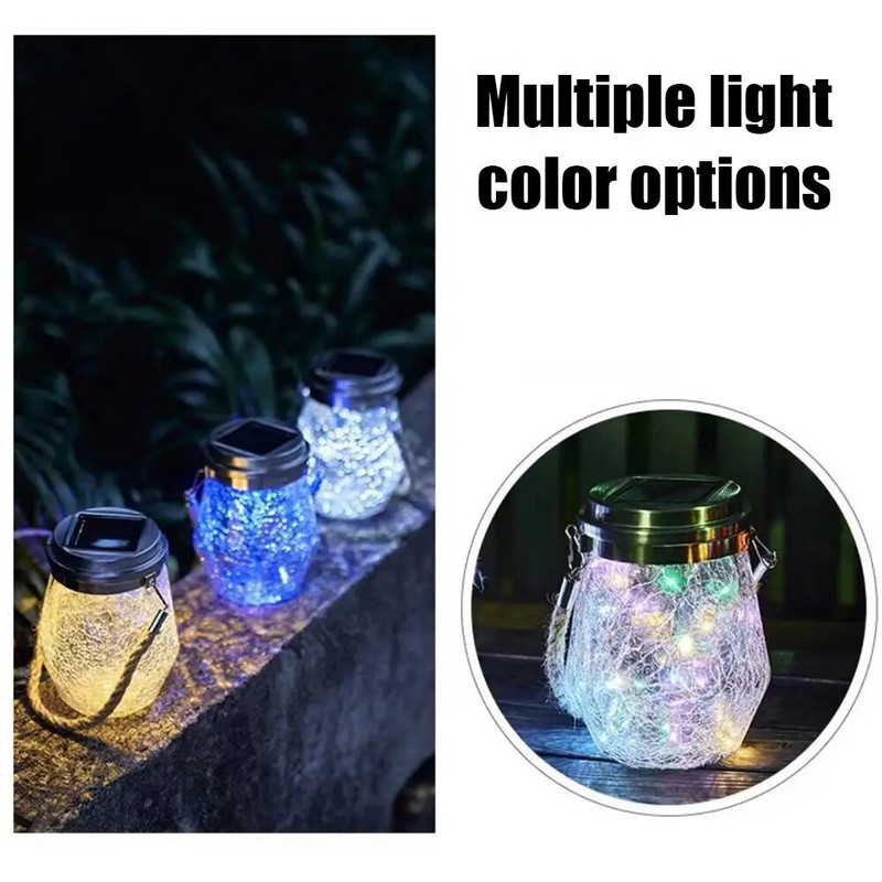 Κρεμαστά ηλιακά φωτιστικά εξωτερικού χώρου Διακοσμητικά ραγισμένα γυαλιά Solar Mason Jar φωτάκια αδιάβροχα εξωτερικού χώρου για κήπο Αίθριο Αυλή Deocr