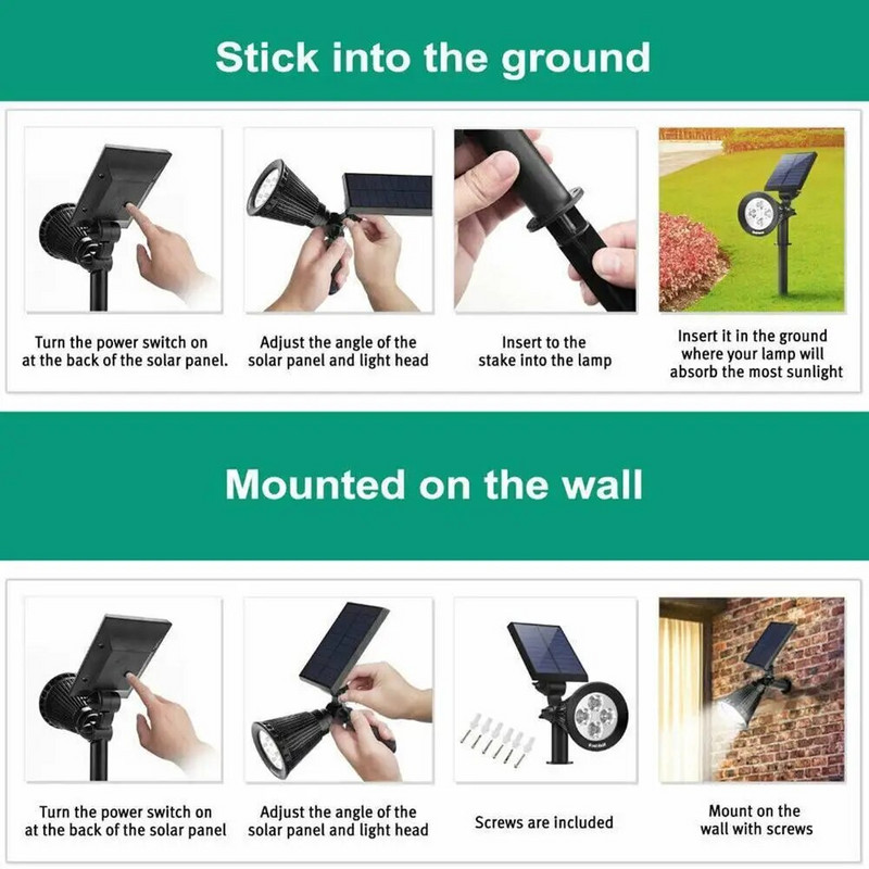 4 LED-i päikesepatareiga maastikuprožektorit värvimuutusega RGB päikeseprožektorid IP65 veekindel turvavalgusti aiahoovi jaoks