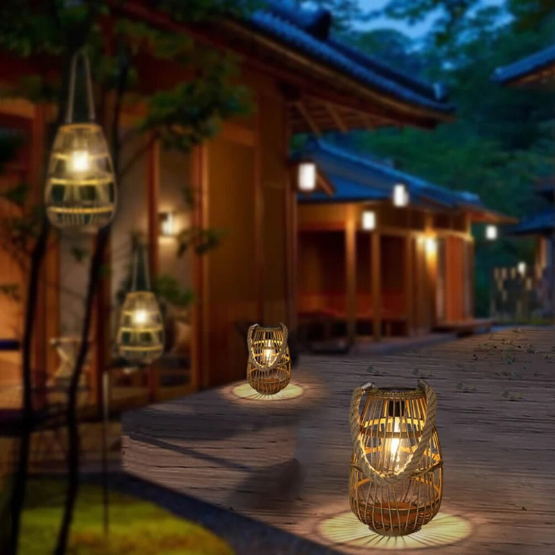 Lauko saulės žibintų pakabinami žibintai Natūralaus rotango saulės žibinto vandeniui atsparūs LED dekoratyviniai sodo šviestuvai kiemo vidaus apdailai