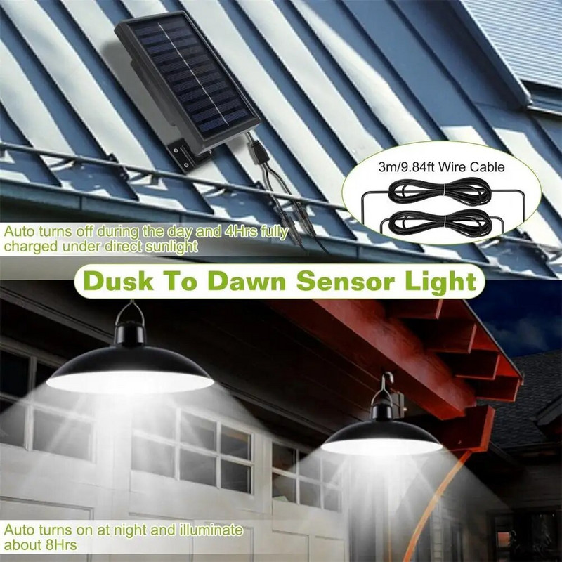 Saulės pakabinami šviestuvai 3 lygių ryškumas 3/5/8 val. Laiko nustatymas Dvigubas galvos žibintas LED saulės tvarto šviestuvai tvarto pavėsinės kiemui