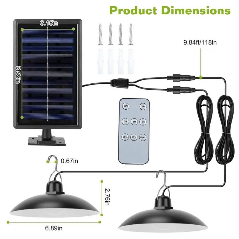 Saulės pakabinami šviestuvai 3 lygių ryškumas 3/5/8 val. Laiko nustatymas Dvigubas galvos žibintas LED saulės tvarto šviestuvai tvarto pavėsinės kiemui