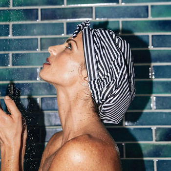 Αδιάβροχο σκουφάκι ντους Ριγέ σκουφάκια μπάνιου με ρυθμιζόμενο ελαστικό λουράκι Κομψό καπάκι μπάνιου για γυναίκες με μακριά χοντρά μαλλιά