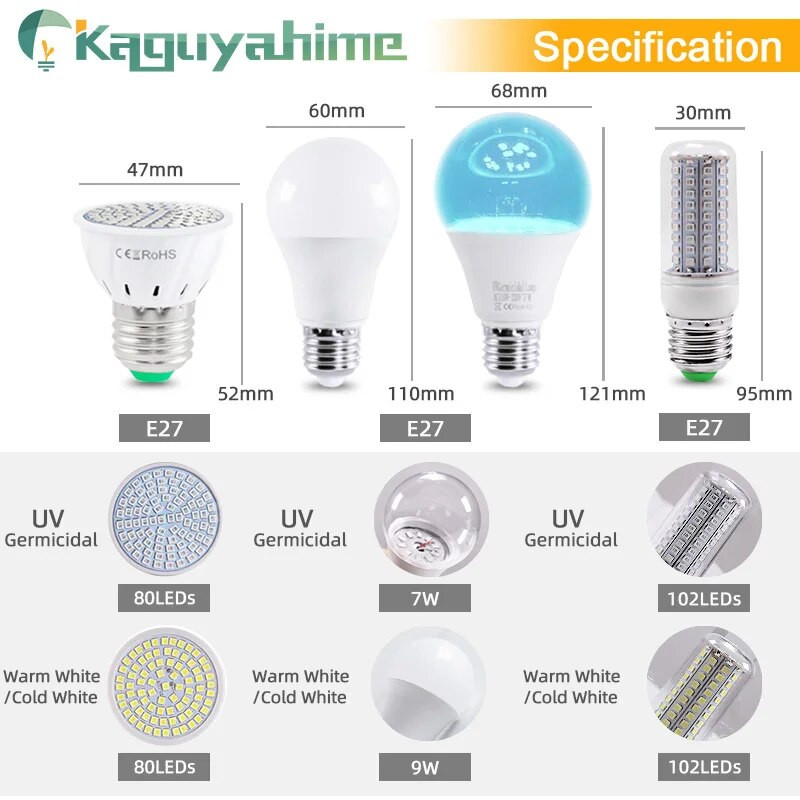 KPS E27/E14/GU10/MR16 UVC UV-desinfitseerimise steriliseerimislambi pirn Sterilamp tapja lesta ultraviolett-osooni bakteritsiidsed tuled 220V 110V