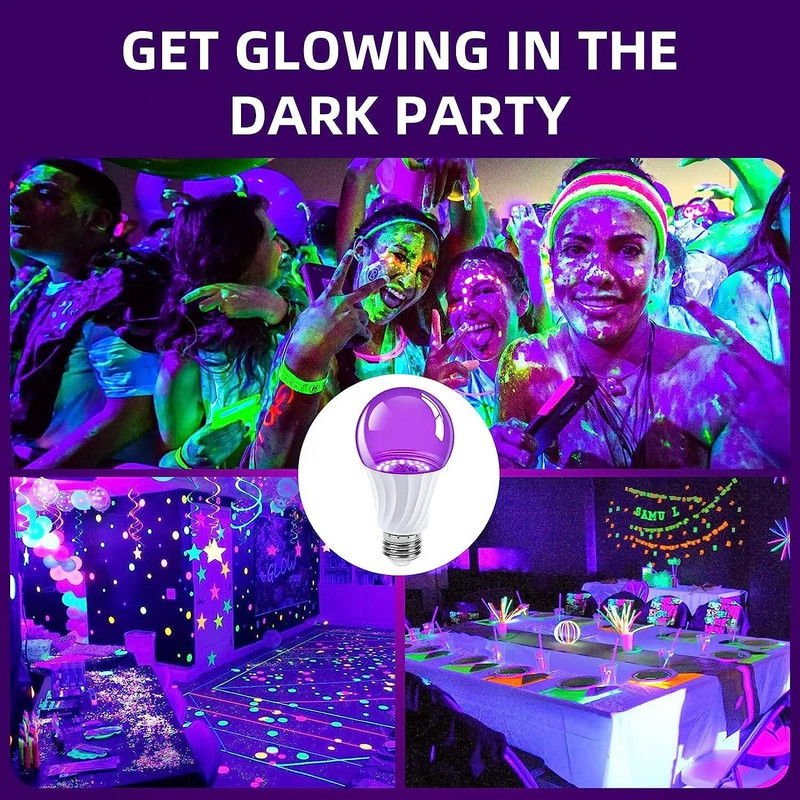 INDMIRD UV juoda lemputė, E27 UV lemputė 9 W lemputės, 395–405 nm juodos šviesos lempa UV-A juodos šviesos lemputė violetinės šviesos apšvietimas