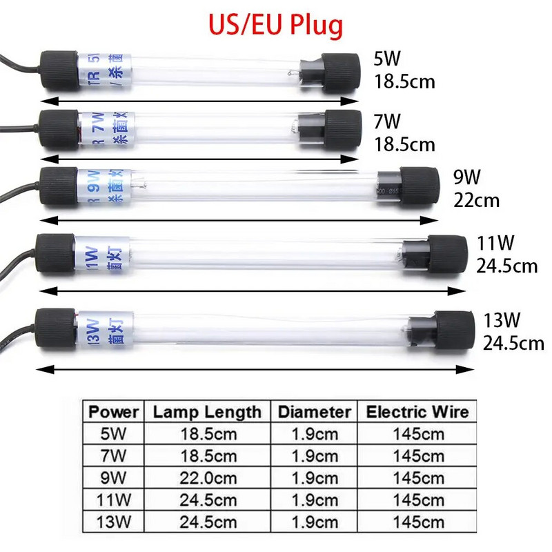 110 V / 220 V akvariumo panardinama UV šviesa vandeniui atspari ultravioletinių lempų sterilizavimo tvenkinio žuvų bako baktericidinė švari lempa