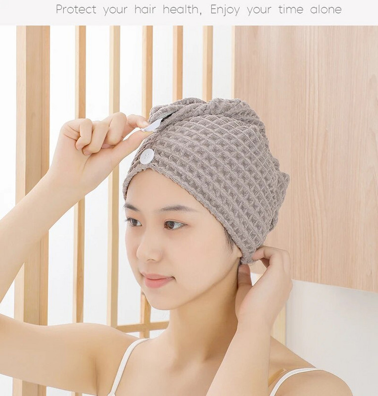 Μικροϊνικό περιτύλιγμα μαλλιών Waffle Hair Drying Pece Absorbent Dry Hair Turban with Button Twist Hair Towels Cap Quick Anti Frizz Hair