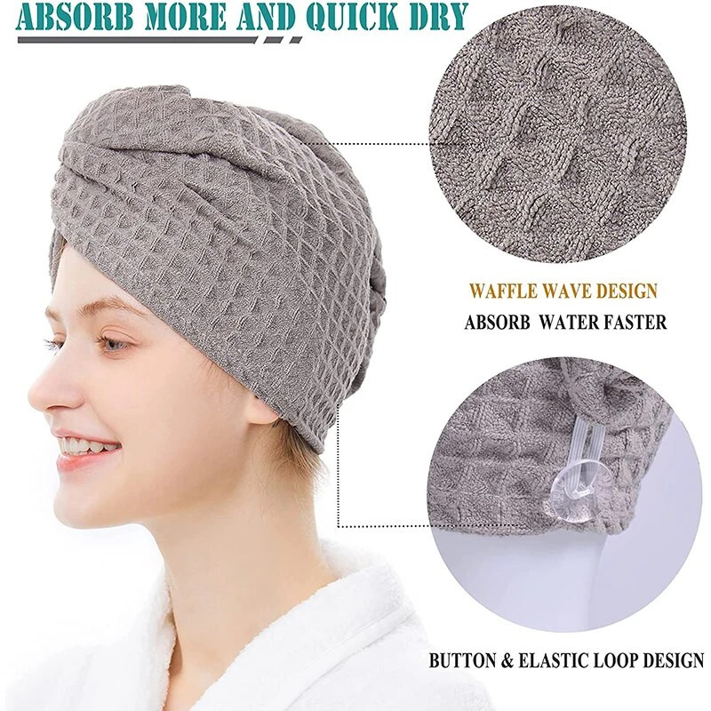 Μικροϊνικό περιτύλιγμα μαλλιών Waffle Hair Drying Pece Absorbent Dry Hair Turban with Button Twist Hair Towels Cap Quick Anti Frizz Hair