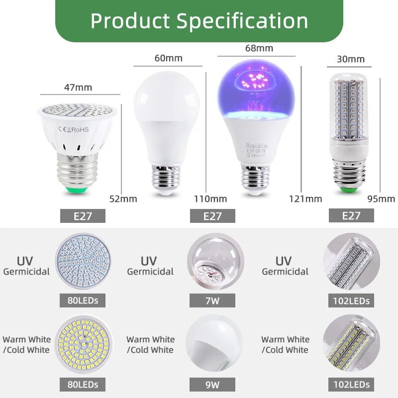 Kaguyahime UVC UV-desinfitseerimispirn bakteritsiidne E27 LED ultraviolettkiirgusega steriliseerimislambid siseruumides kasutatavad osoonivalgustid bakterite lestade hävitamiseks