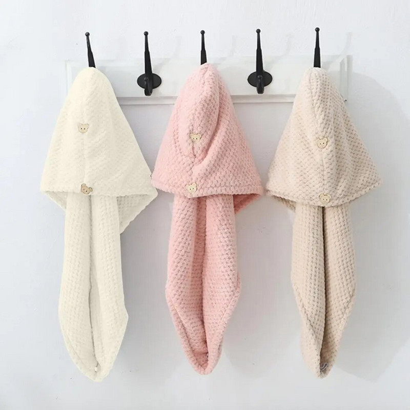 Πετσέτα στεγνώματος μαλλιών Coral Fleece Καρτούν Κουμπί αρκούδας Γυναικεία σγουρά μακρύ χοντρό βρεγμένο μαλλί Πετσέτα περιτύλιγμα καπέλο toallas para el pelo