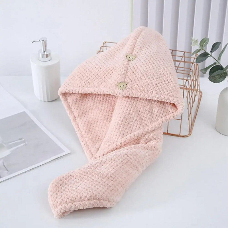 Πετσέτα στεγνώματος μαλλιών Coral Fleece Καρτούν Κουμπί αρκούδας Γυναικεία σγουρά μακρύ χοντρό βρεγμένο μαλλί Πετσέτα περιτύλιγμα καπέλο toallas para el pelo