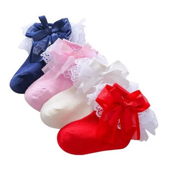 Пролетни бебешки чорапи за новородено с панделка Дантелена принцеса Плътни меки памучни бебешки момичета Бели есенни чорапи Новогодишни подаръци