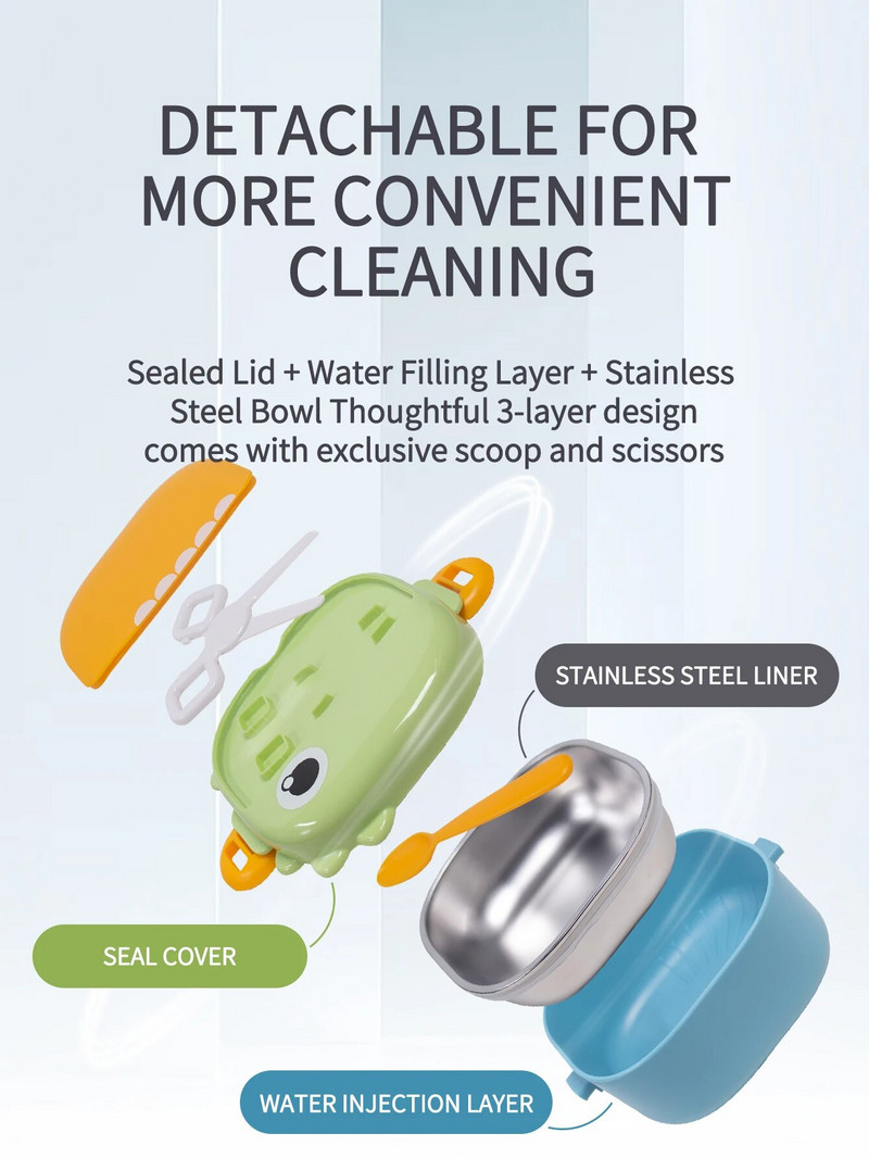 Σετ 4 τεμαχίων Βρεφικά μπολ συμπληρωματικής τροφής κατά του ζεματίσματος, από ανοξείδωτο ατσάλι, επιτραπέζια σκεύη συντήρησης δεινοσαύρων με ψαλίδι και κουτάλι