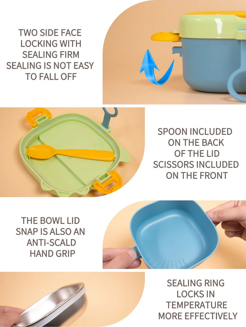 Σετ 4 τεμαχίων Βρεφικά μπολ συμπληρωματικής τροφής κατά του ζεματίσματος, από ανοξείδωτο ατσάλι, επιτραπέζια σκεύη συντήρησης δεινοσαύρων με ψαλίδι και κουτάλι