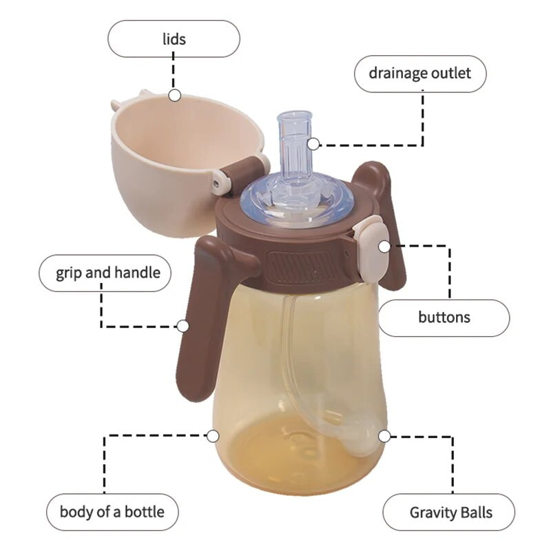 1 gab. Bērnu ūdens pudele Pārnēsājami bērnu krūzes Gravitācijas bumba ar rokturi 240ml Noplūdes necaurlaidīgs elastīgs vāks bērnu treniņu ūdens kauss