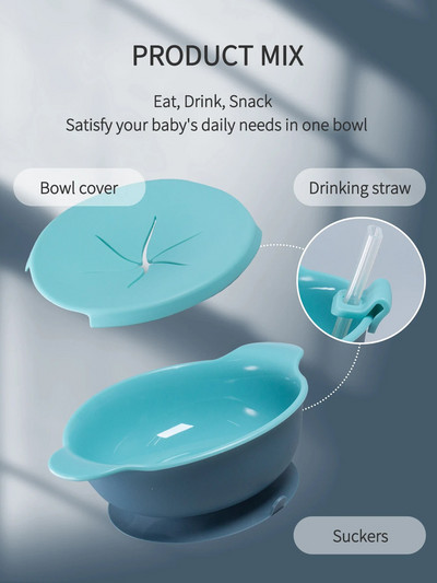 1db baba etetőtál szett szalmafedővel Hordozható uzsonnatartó szilikon tapadókorong Gyermek étkészlet Bpa ingyenes babacucc
